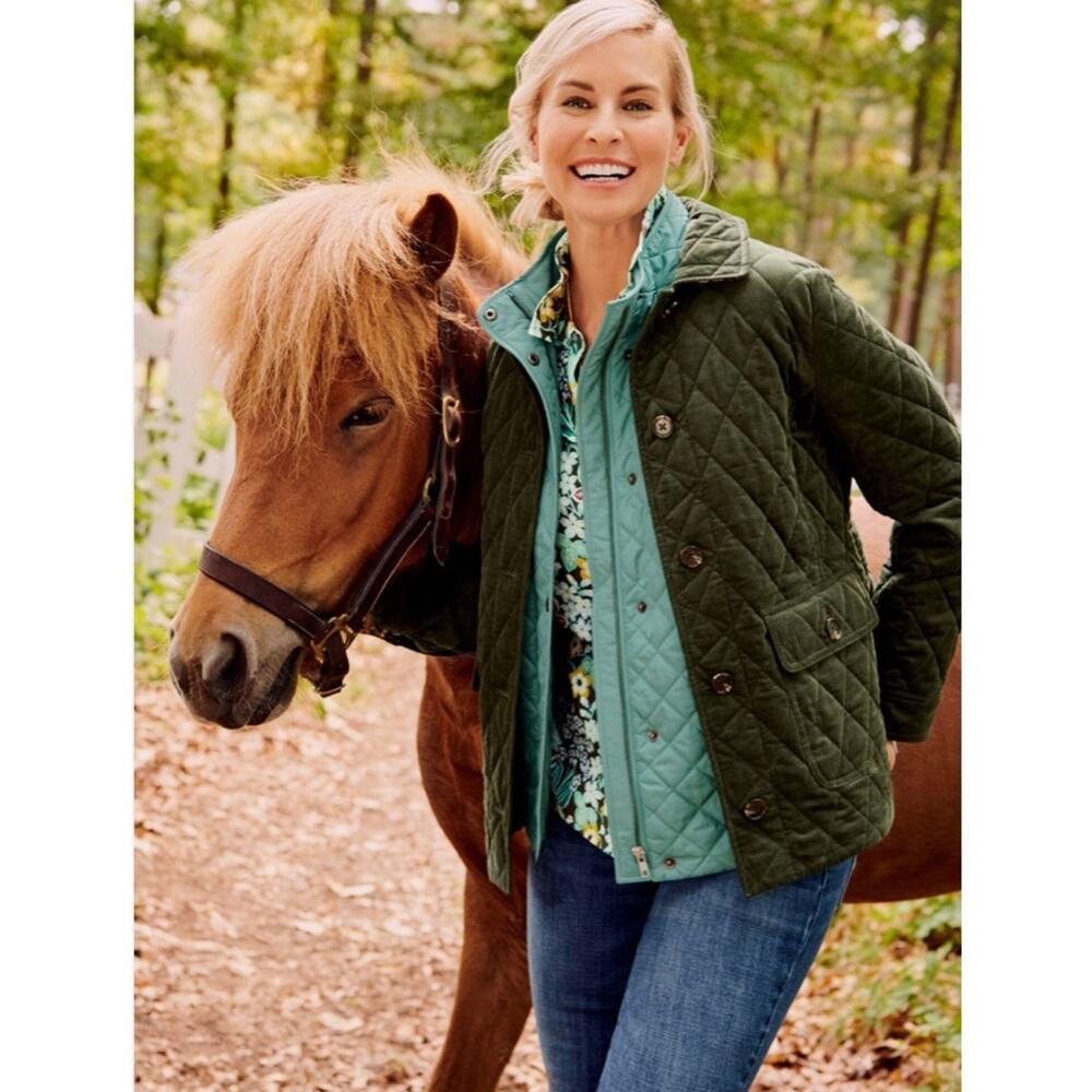 Talbots Quilted Corduroy Trim Green Utility Jacket Petite Medium